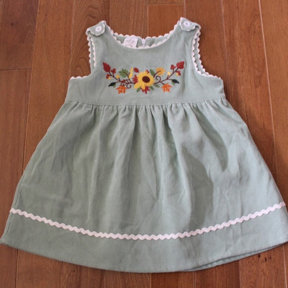 Vintage Cracker Barrel Fall Leaves Sunflower Embroidered Corduroy Dress Green 3T